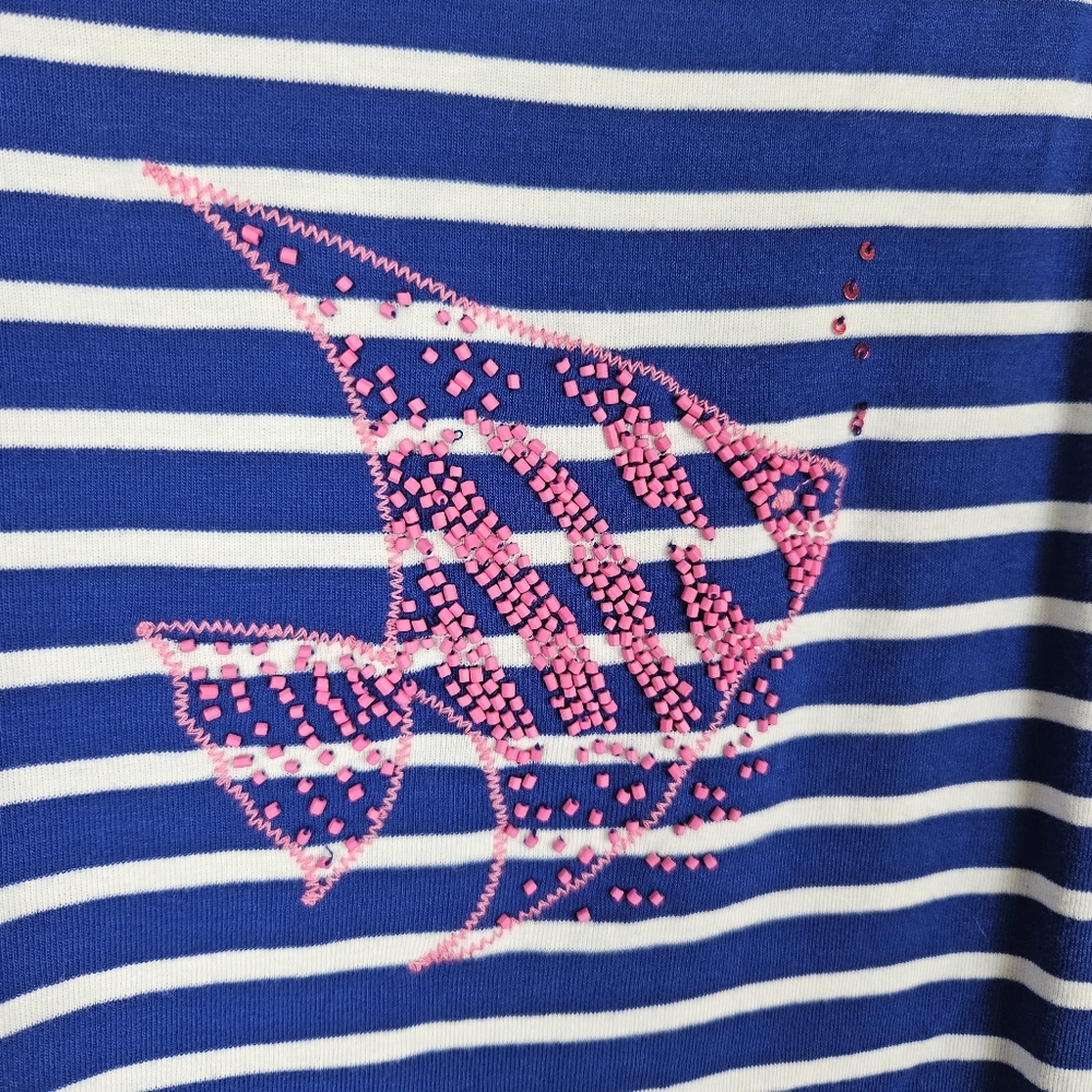 Talbots Short Sleeve Shirt Blue White Stripe Beaded Pink Fish Coastal Beach 2x - Picture 3 of 6